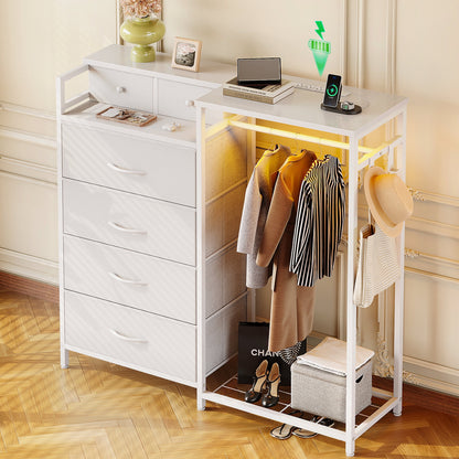 Dresser for Bedroom with Clothes Rack, 6 Drawers Dresser with Charging Station & LED Lights, White Storage Chest of Shelf for Bedroom, White