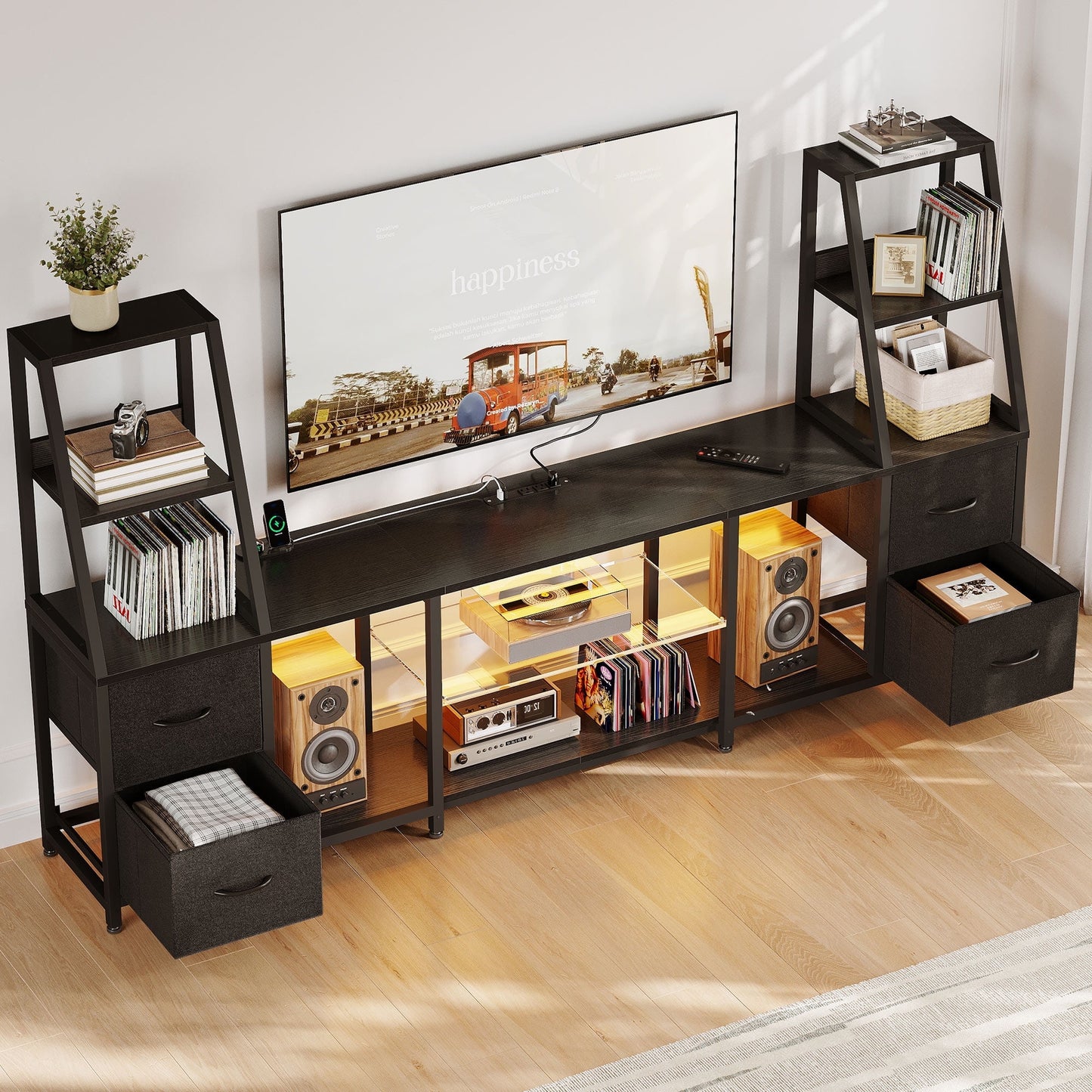 Casacomoda TV Stand for up to 65 Inch TV, 87" Entertainment Center with Power Outlets & LED Lights, Modern Media Console with Glass Shelf & 4 Fabric Drawers for Living Room Bedroom, Black