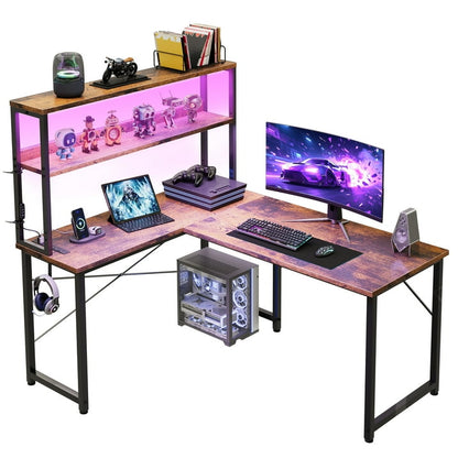Casacomoda 43 Inch L Shaped Desk with LED Light & Power Outlet, Reversible L Shaped Computer Table with Shelf & Storage Bag & Hook for Home Office, Vintage