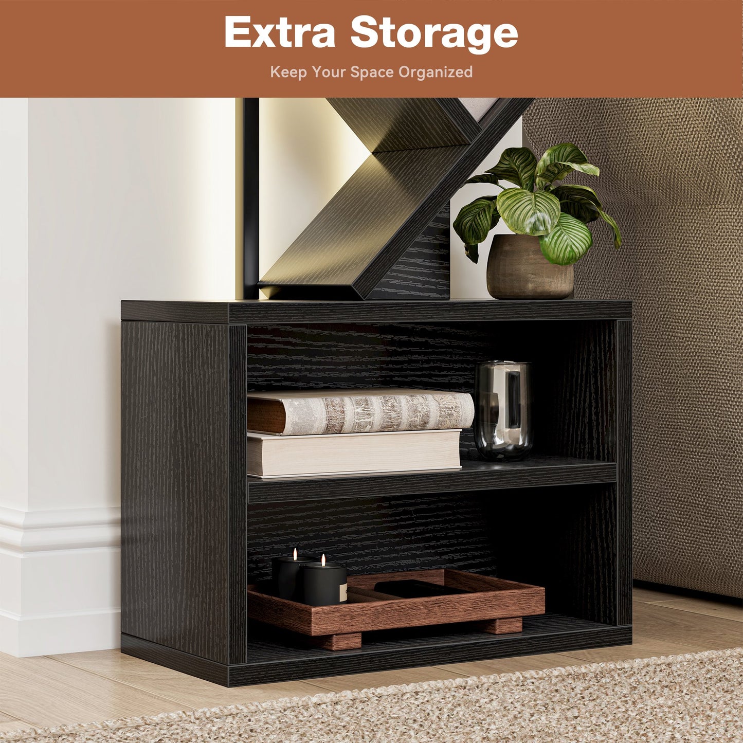 Casacomoda 6 Tier Tall Tree Bookshelf with LED Lights, Bookcase with Double Storage Cabinet, Narrow Corner Display Shelf, Floor Standing Organizer for Living Room, Bedroom, Home Office, Black