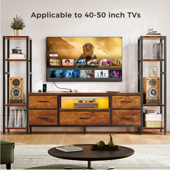 Casacomoda TV Stand for 40–50 " TV, Entertainment Center with LED Lights & Power Outlets, 71" TV Console with 5 Fabric Drawers and Open Shelves for Living Room or Bedroom, Brown