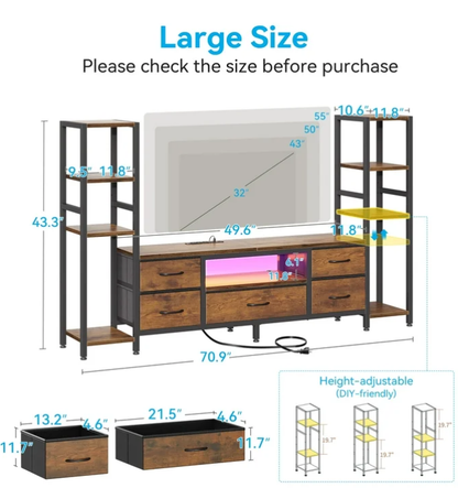 Casacomoda TV Stand for 40–50 " TV, Entertainment Center with LED Lights & Power Outlets, 71" TV Console with 5 Fabric Drawers and Open Shelves for Living Room or Bedroom, Brown