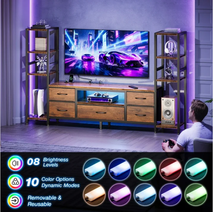 Casacomoda TV Stand for 40–50 " TV, Entertainment Center with LED Lights & Power Outlets, 71" TV Console with 5 Fabric Drawers and Open Shelves for Living Room or Bedroom, Brown