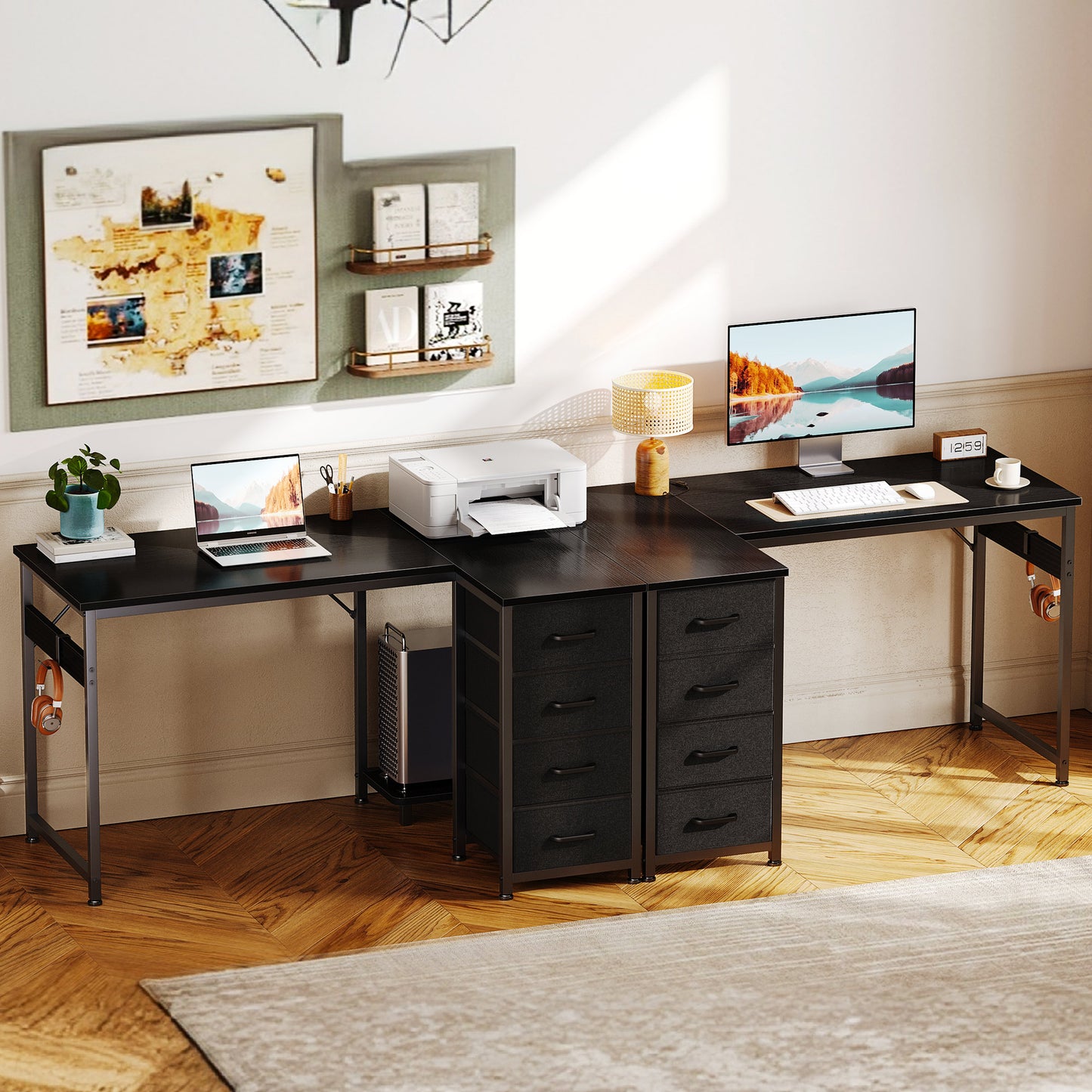 Casacomoda 40 inch Computer Desk with 4 Fabric Drawers — Home Office Desks with Storage, Writing Desk with Side Hook, Desk Study/Work Table for Bedroom and Small Space, Black