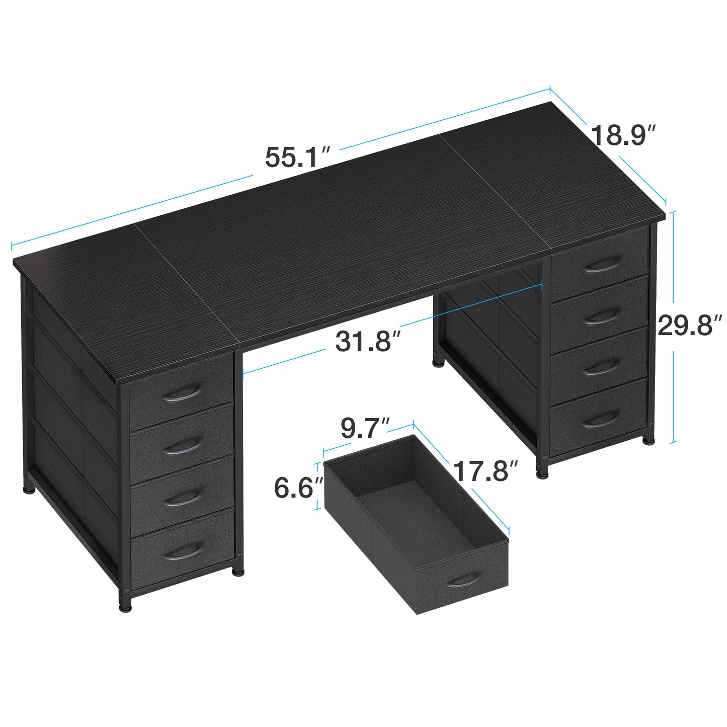 Black Computer Desk with Drawers for Storage - 55 inch Home Office Desk with 8 Fabric Drawers, Writing Study Desk with Drawers on Both Sides for Bedroom