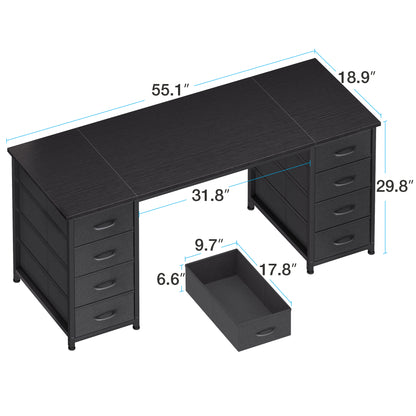 Black Computer Desk with Drawers for Storage - 55 inch Home Office Desk with 8 Fabric Drawers, Writing Study Desk with Drawers on Both Sides for Bedroom