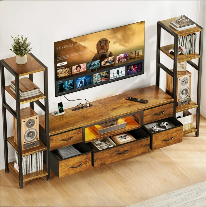 Casacomoda TV Stand for 40–50 " TV, Entertainment Center with LED Lights & Power Outlets, 71" TV Console with 5 Fabric Drawers and Open Shelves for Living Room or Bedroom, Brown