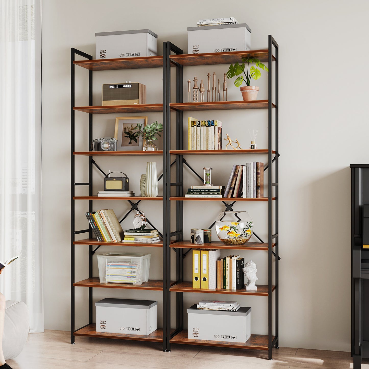 Casacomoda 7-Tier Tall Bookshelf, Large Bookcase with Steel Frame, Deep Book Shelf for Living Room, Home Office, Study, Industrial Style, Vintage