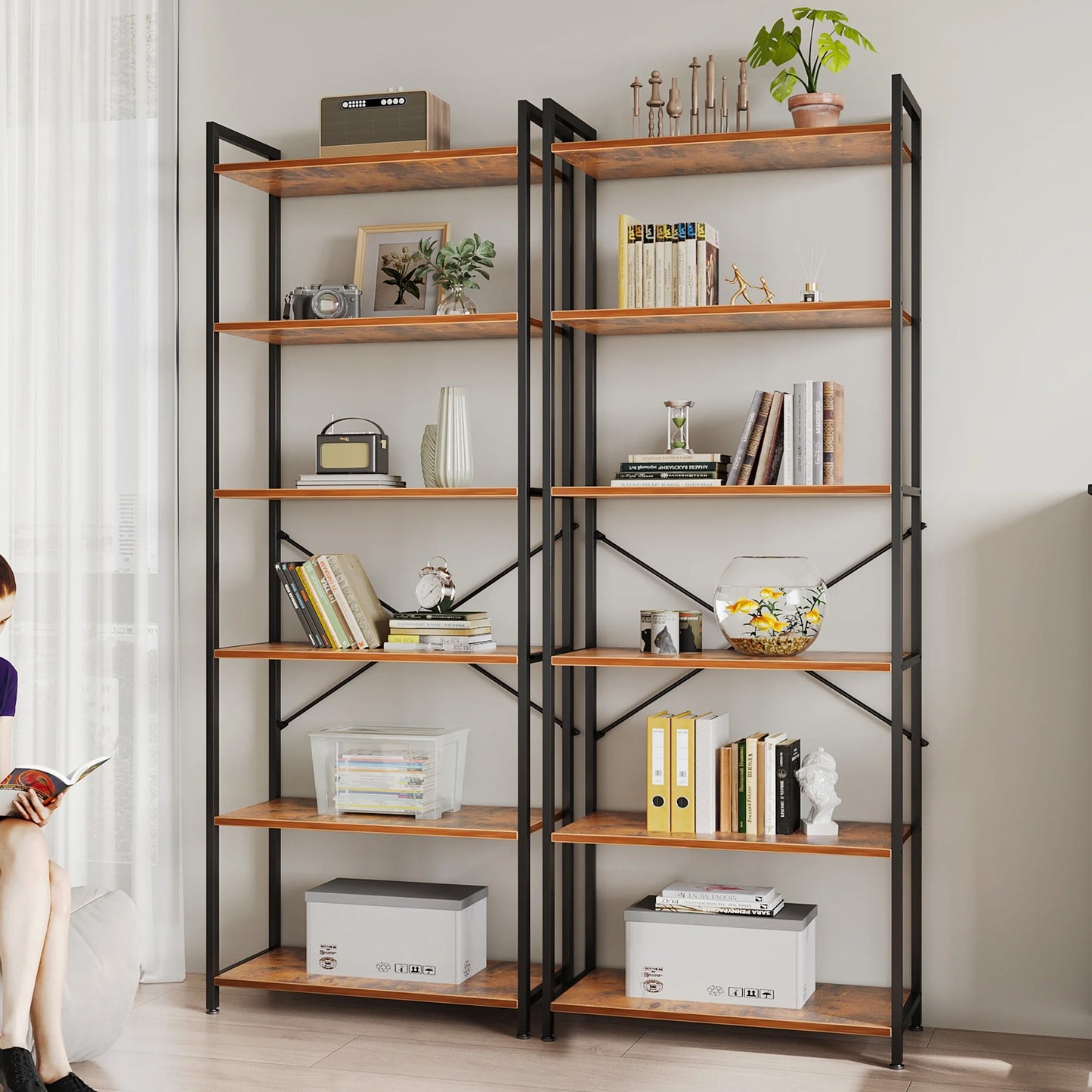 Casacomoda 6-Tier Tall Bookshelf, Large Bookcase with Steel Frame, Deep Book Shelf for Living Room, Home Office, Study, Industrial Style, Vintage