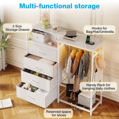 Dresser for Bedroom with Clothes Rack, 6 Drawers Dresser with Charging Station & LED Lights, White Storage Chest of Shelf for Bedroom, White