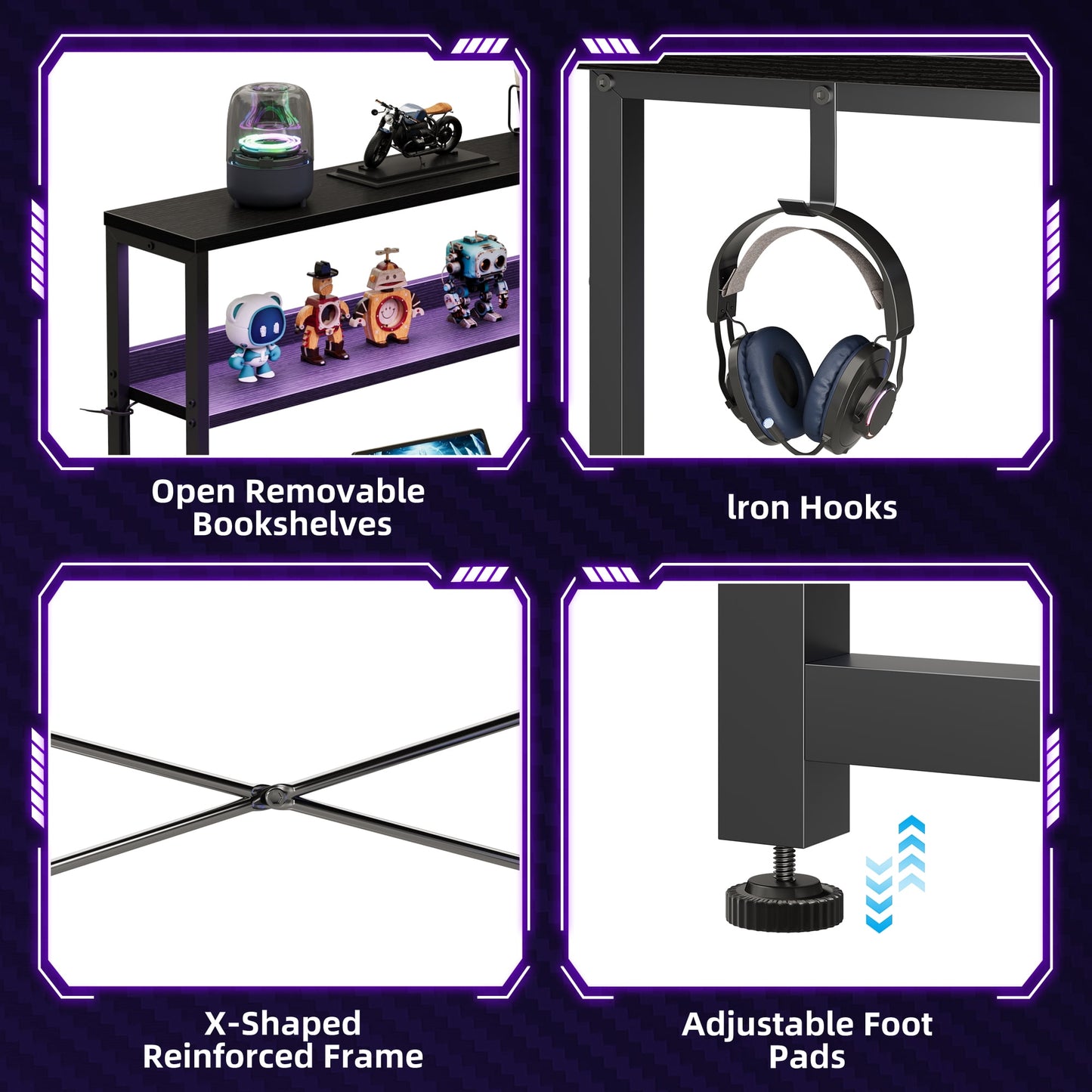 53 Inch L-Shaped Office Desk with Power Outlets, Gaming Desk with LED Lights for Home Office, Corner Computer Desk with Hutch, Black