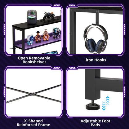 53 Inch L-Shaped Office Desk with Power Outlets, Gaming Desk with LED Lights for Home Office, Corner Computer Desk with Hutch, Black