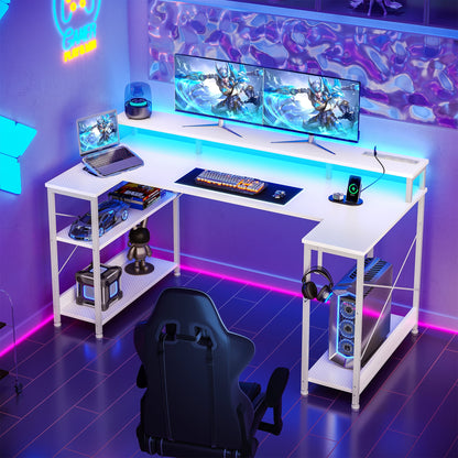 Casacomoda 48 inch U-Shaped Gaming Desk with Power Outlet & LED Lights, Home Ofiice Desk with Monitor Stand,Computer Desk with 4 Open Shelves, White