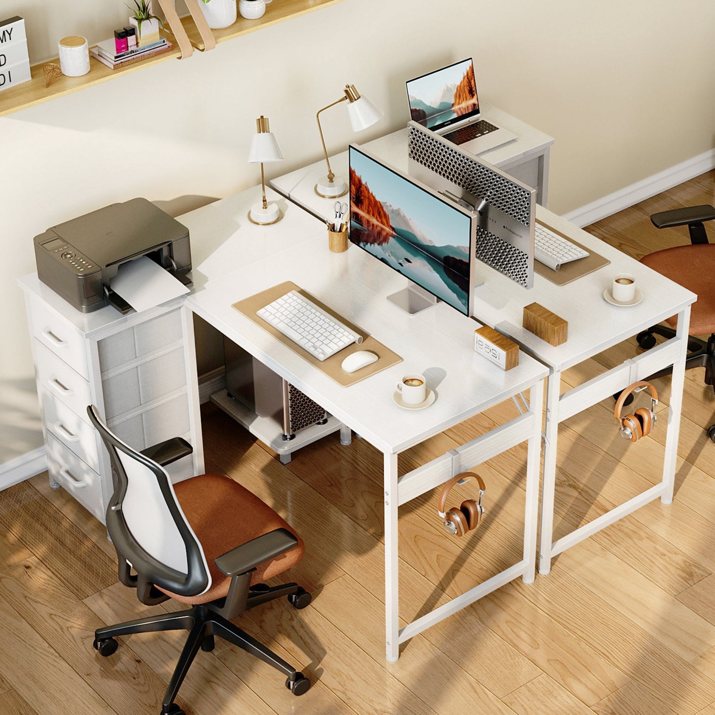 40 inch Computer Desk with 4 Fabric Drawers — Home Office Desks with Storage, Writing Desk with Side Hook, Desk Study/Work Table for Bedroom and Small Space, White