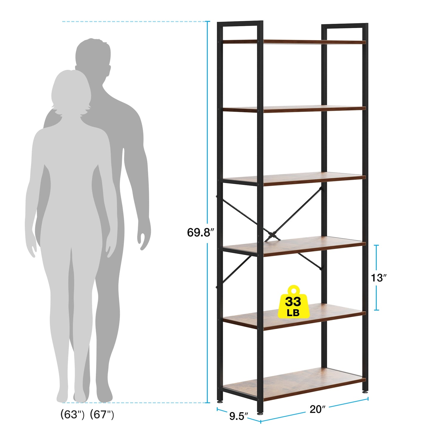 Casacomoda Book Shelf Set of 2, 6 Tier Bookcase, Storage Shelf, Industrial Bookcase for CDs, Photos, Books, Modern Bookshelf for Home Office, Living Room, Kitchen, Bedroom, Rust Brown