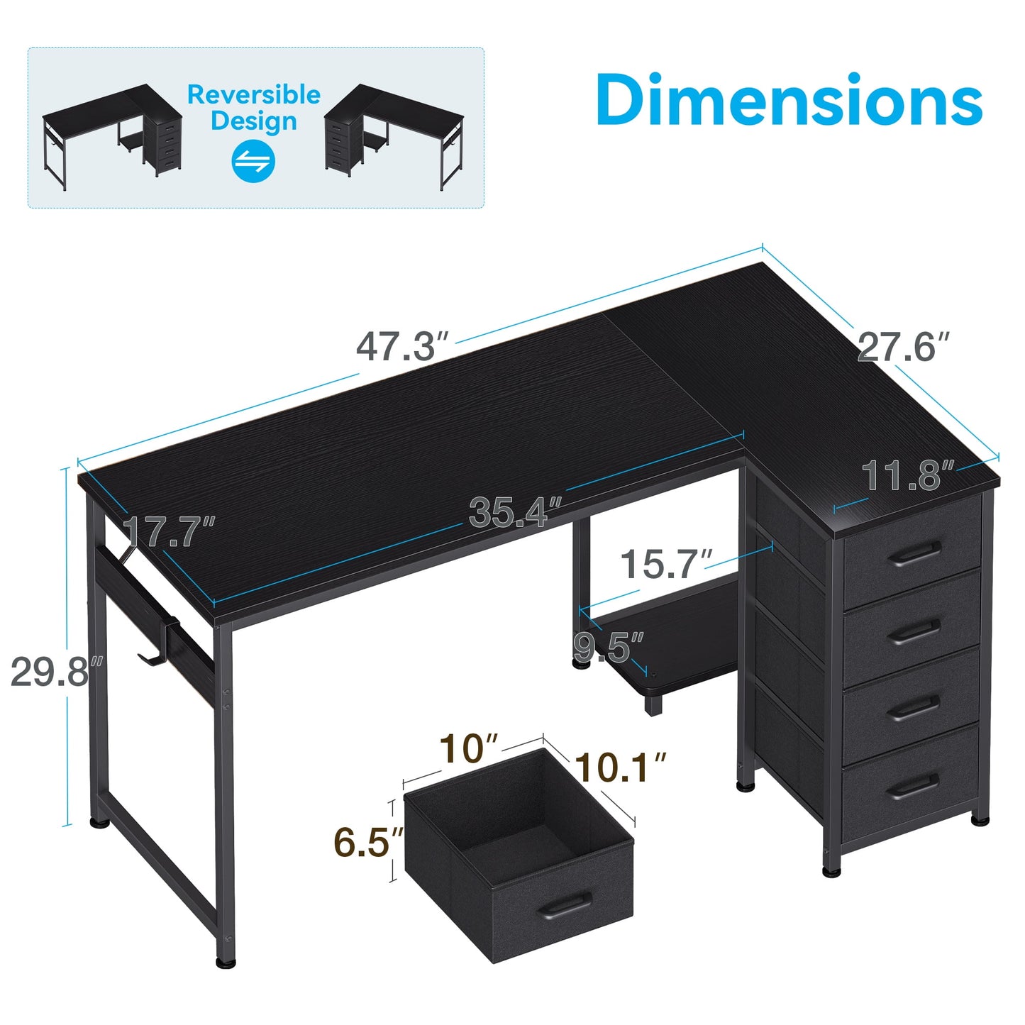 48 inch Computer Desk with 4 Fabric Drawers — Home Office Desks with Storage, Writing Desk with Side Hook, Desk Study/Work Table for Bedroom and Small Space, Black