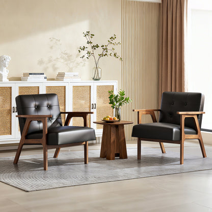 Casacomoda PU Leather Accent Chair Mid Century Comfy Cozy Chair with Solid Wood Legs, Modern Arm Reading Chair with Button Tufted Back for Living Room Bedroom, Black