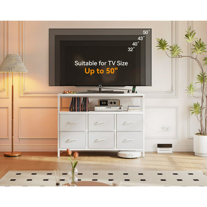 Dresser with Charging Station, Dresser for Bedroom with 6 Large Fabric Drawers, Dresser TV Stand with Open Shelves for 50 Inch TV, White