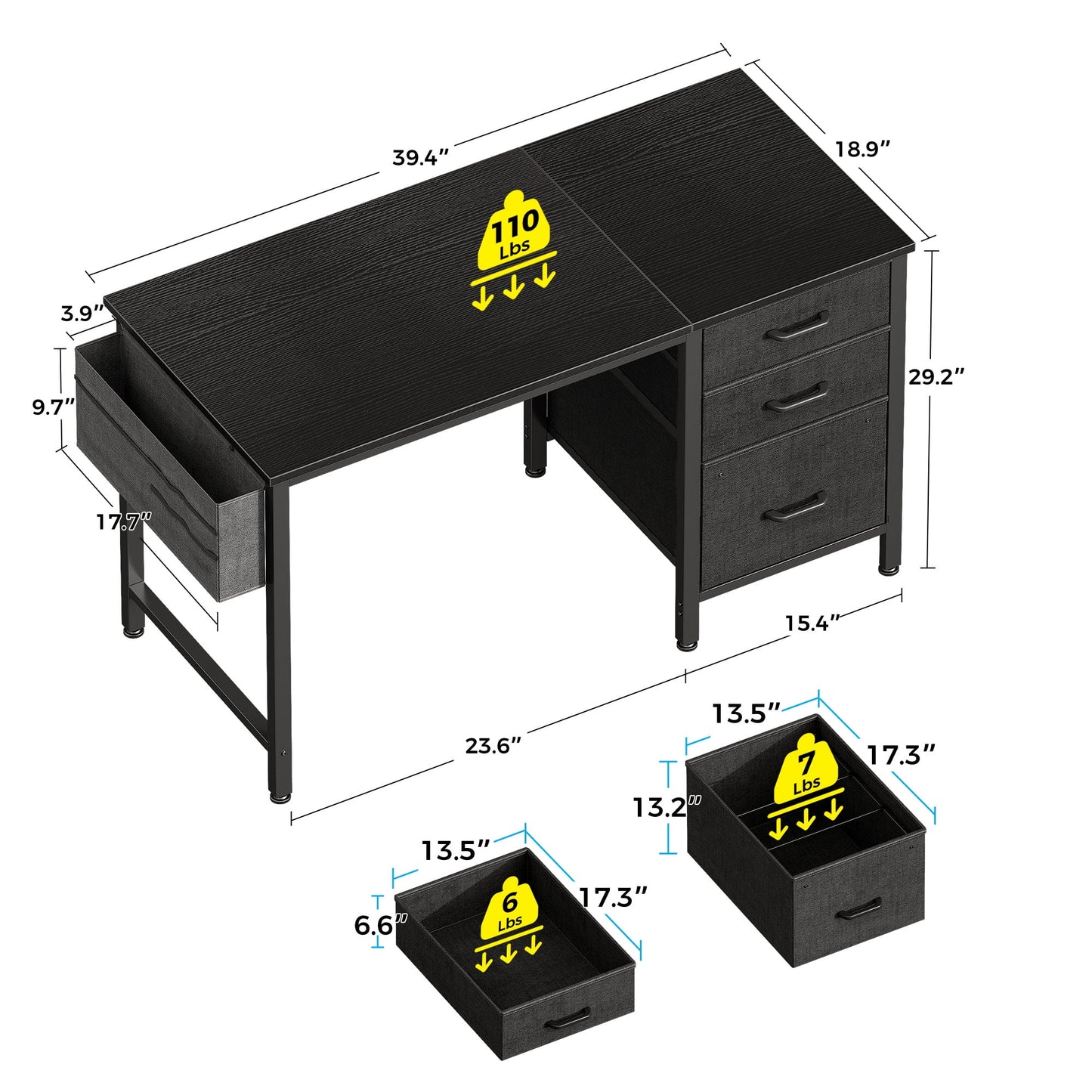 Casacomoda 40 inch Computer Desk with Fabric Drawers & File Cabinet, Home Office Desk with Cloth Storage Bag and Hook, Vanity Desk for Bedroom, Black