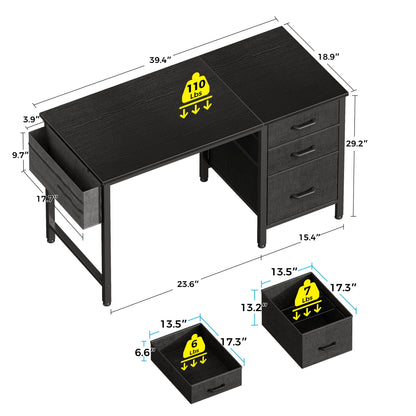 Casacomoda 40 inch Computer Desk with Fabric Drawers & File Cabinet, Home Office Desk with Cloth Storage Bag and Hook, Vanity Desk for Bedroom, Black