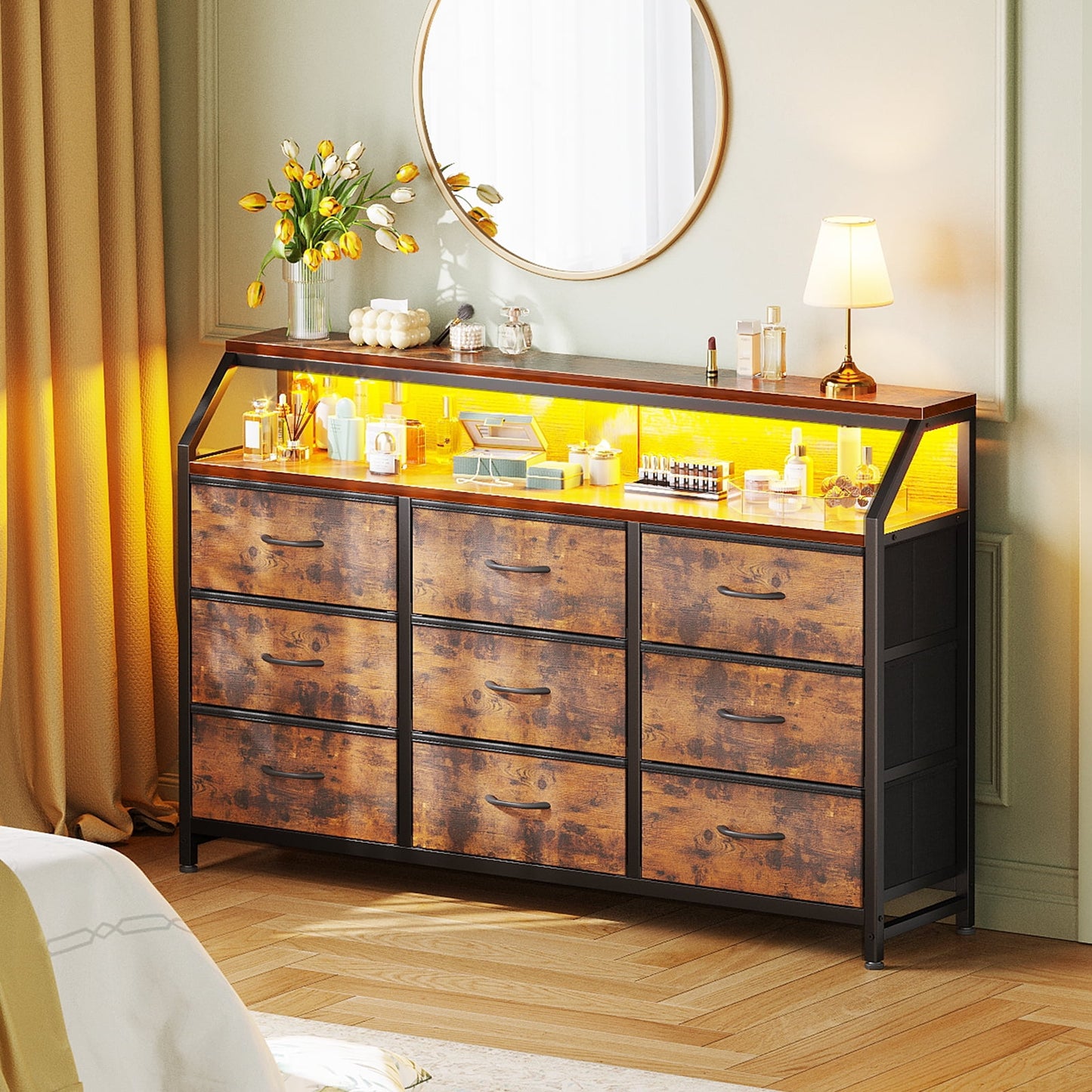 Casacomoda 55 inch Dresser with LED Lights , Dresser for Bedoom with 9 Storage Drawers, Black and Vintage