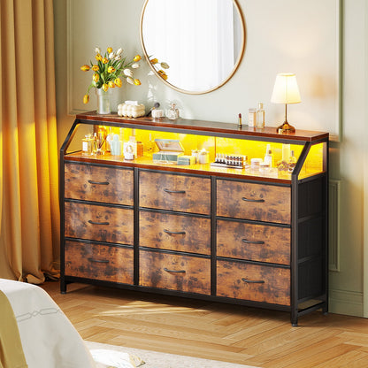 Casacomoda 55 inch Dresser with LED Lights , Dresser for Bedoom with 9 Storage Drawers, Black and Vintage