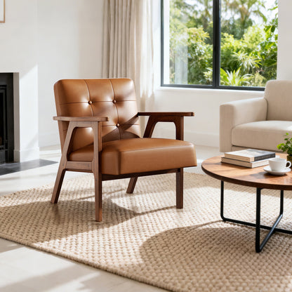 Casacomoda PU Leather Accent Chair Mid Century Comfy Cozy Chair with Solid Wood Legs, Modern Arm Reading Chair with Button Tufted Back for Living Room Bedroom, Brown