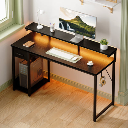 Gaming Desk with LED Lights, 55 Inch Reversible L Shaped Computer Desk with Fabric Drawer, Monitor Stand and Headphone Hook, Small Home Office and Gaming Desk, Black