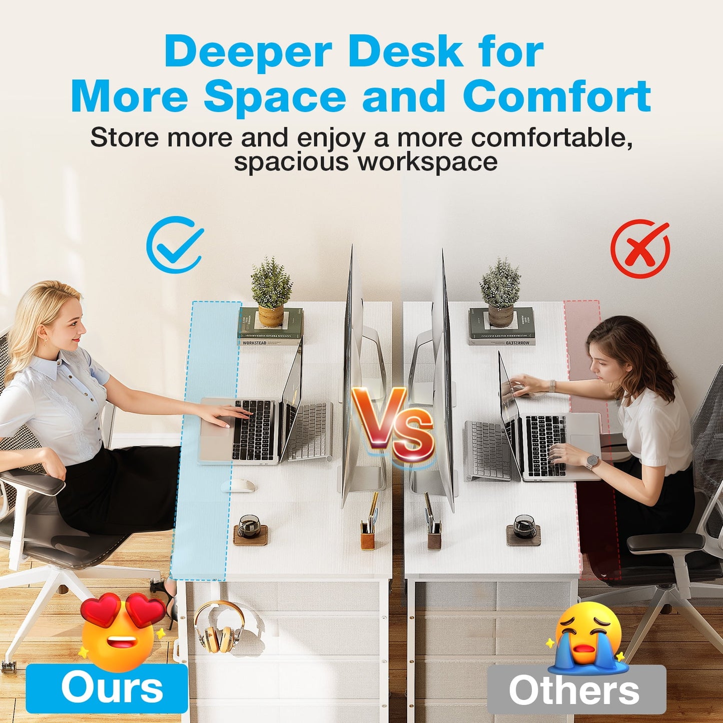 White Computer Desk with Drawers for Storage - 55 inch Home Office Desk with 8 Fabric Drawers, Writing Study Desk with Drawers on Both Sides for Bedroom