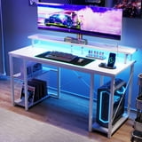 Casacomoda 48 inch Gaming Desk with LED Lights & Power Outlets, Computer Desk with Monitor Stand & Storage Sheves, CPU Stand, Home Office Desk, White