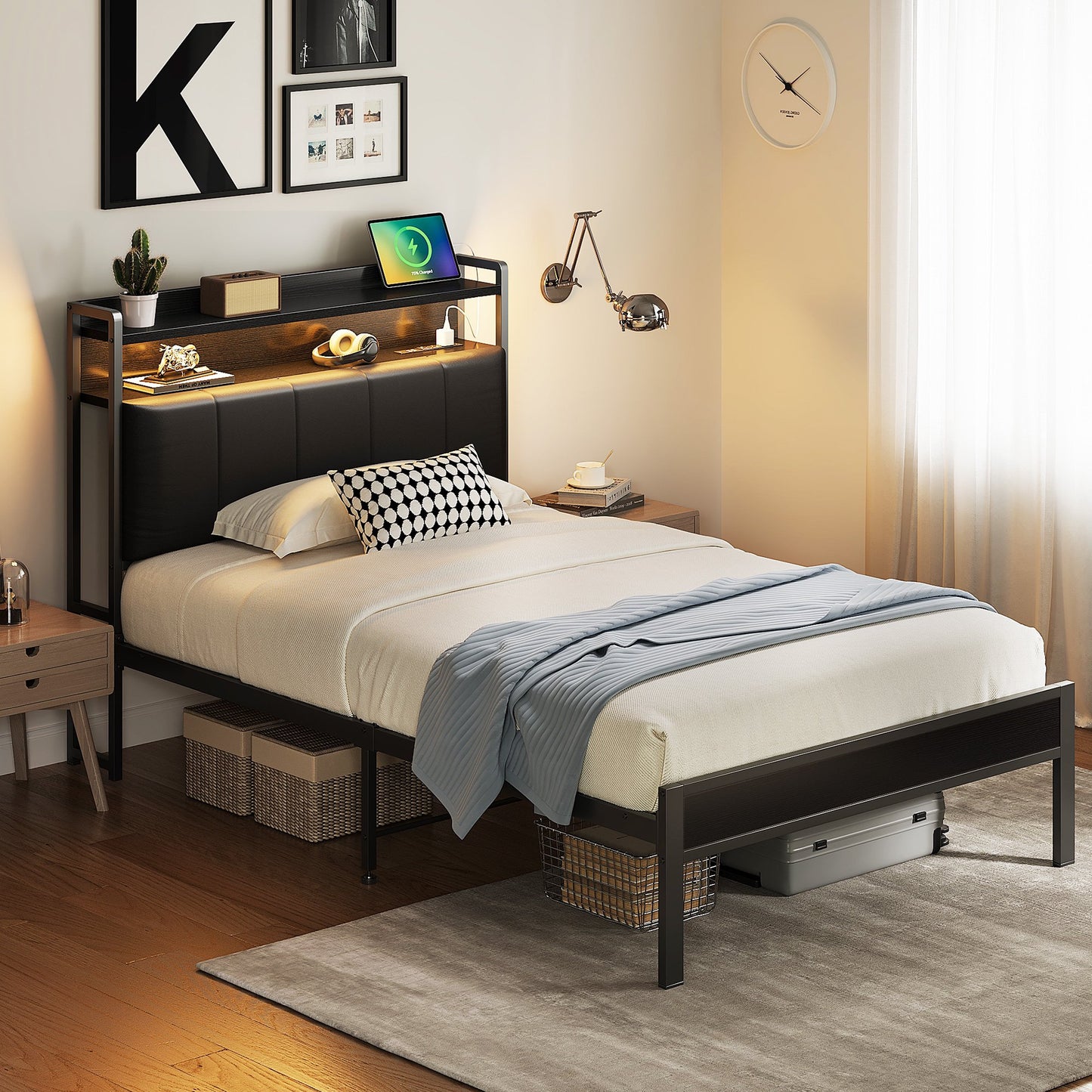 Bed Frame Twin Size with Storage Headboard, Upholstered Platform Bed with Charging Station and LED Light, Heavy Duty Frame Support, No Box Spring Needed, Noise Free, Black