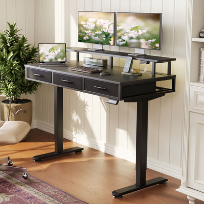 Casacomoda 48“ Electric Standing Desk with Power Outlets and LED Lights, Adjustable Height Sit Stand Desk with Monitor Shelf & 3 Fabric Drawers for Home Office, Black