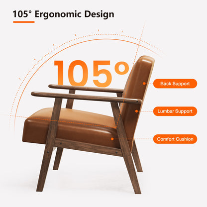 Casacomoda PU Leather Accent Chair for Bedroom, Living Room Chair with Solid Wood Legs, Reading Arm Chair with Soft Cushion for Adults, Brown