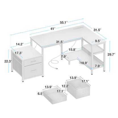 Casacomoda L Shaped Desk with Power Outlets, Large Computer Desk with File Drawer, Home Office Desk with Printer Stand & Storage Shelves, Corner Desk, White