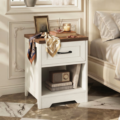 Nightstands Set of 2, Farmhouse Bedside Tables with Drawer and Open Shelf, Night Stands for Bedroom, End Tables, Side Tables, Dark Walnut & White