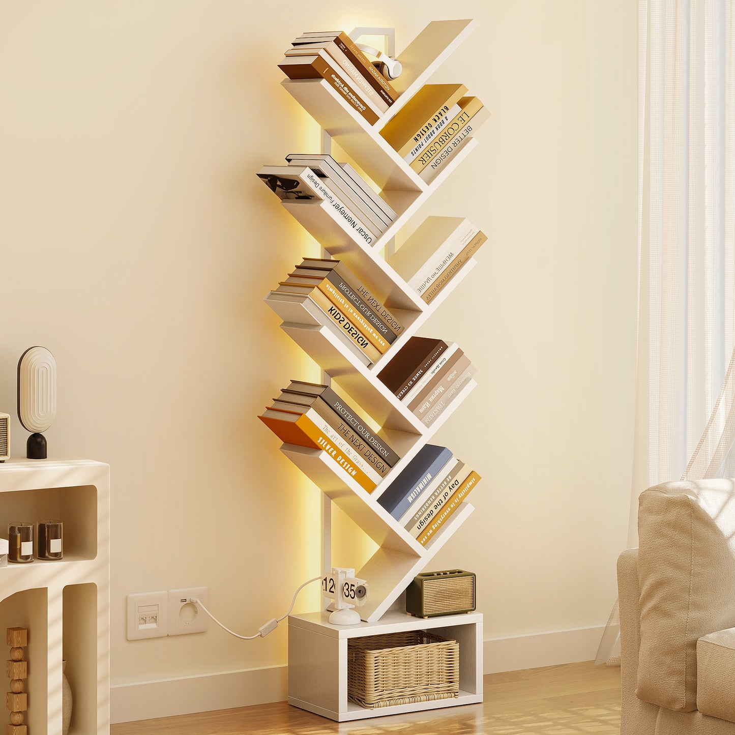 Casacomoda 8 Tier Tree Bookshelf, Bookcase with LED Lights, Display Floor Standing Storage Shelf, Book Organizer Shelves for Home Office, Living Room, White