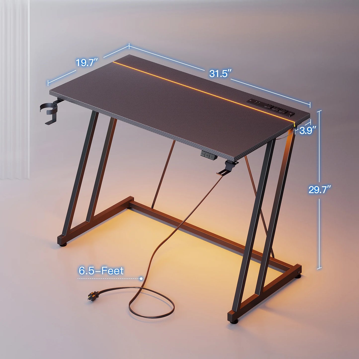 31.5 inch Gaming Desk with Z-Leg Design, Computer Desk with LED Light & Power Outlet, Gaming Table Suitable for Small Space, Black