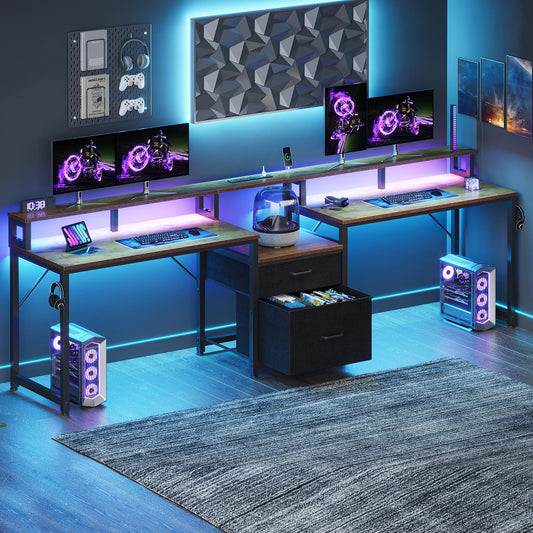 98'' Double Computer Desk for 2 with Charging Station & USB, Gaming Desk with 2 Fabric Drawers and Printer Stand, 2 Person Writing Study Table Workstation for Home Office, Vintage