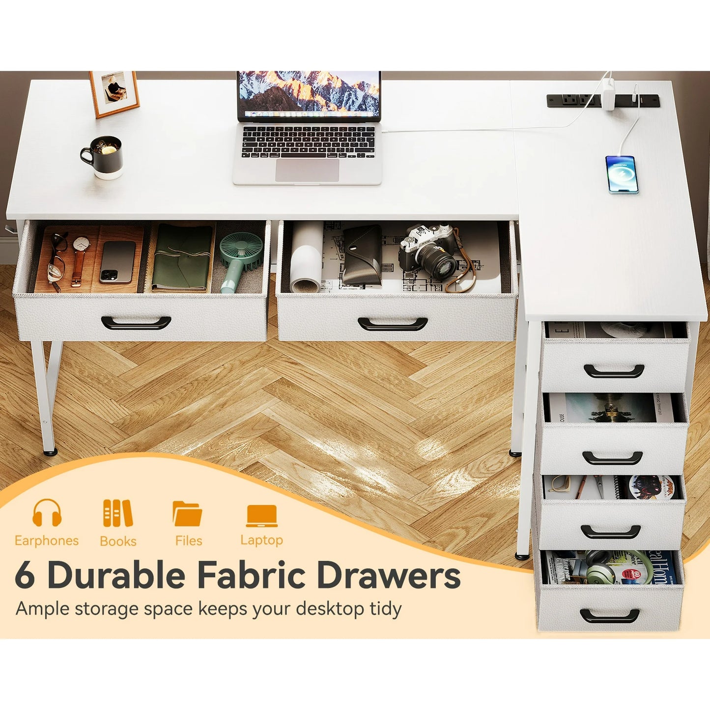 Casacomoda 50 inch L Shaped Desk with 6 Drawers, Computer Desk with Power Outlets & USB Ports, Home Office Reversible Corner Desk for Small Space, Study Work Table with Hook, White