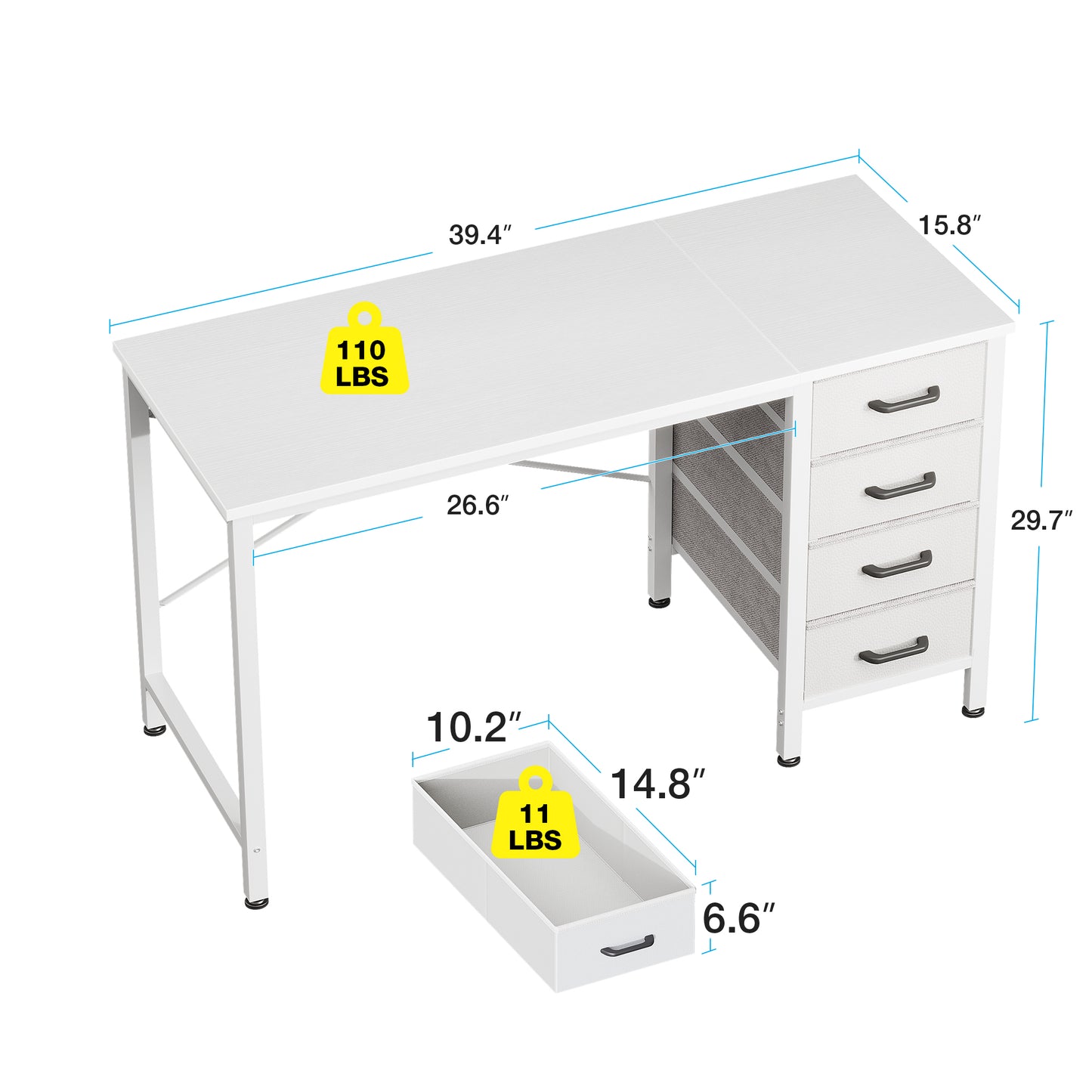 Casacomoda 40 Inch Computer Desk with Drawers , Study Table for Student, Writing Desk for Home Office, Small Table with Drawers, White