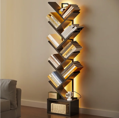 Casacomoda 8 Tier Tree Bookshelf, Bookcase with LED Lights, Display Floor Standing Storage Shelf, Book Organizer Shelves for Home Office, Living Room, Black