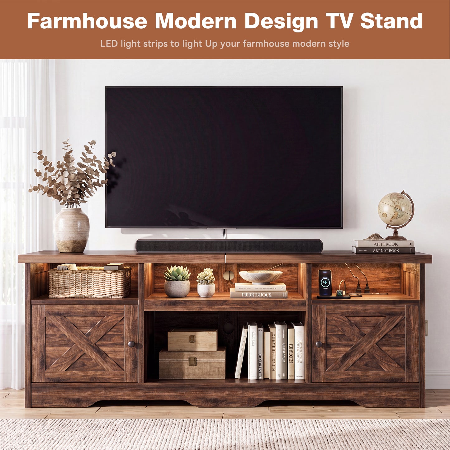 Casacomoda Farmhouse LED TV Stand for 80 inch TVs, Entertainment Center with Power Outlet, Media Console with Storage Cabinets and Shelves, Walnut
