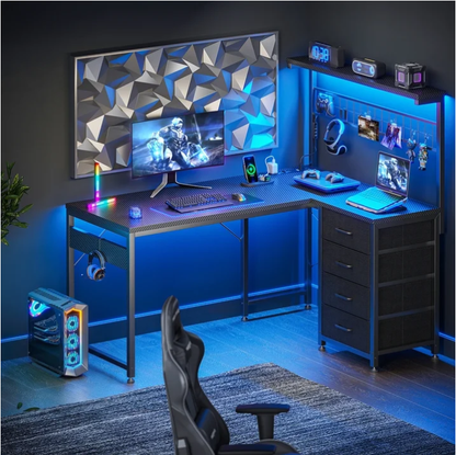 Casacomoda 43 inch L Shaped Desk with 4 Storage Drawers, Reversible L Shaped Gaming Desk with Power Outlets & LED Lights, Computer Desk with Movable CPU Stand & Hutch for Home Office, Black