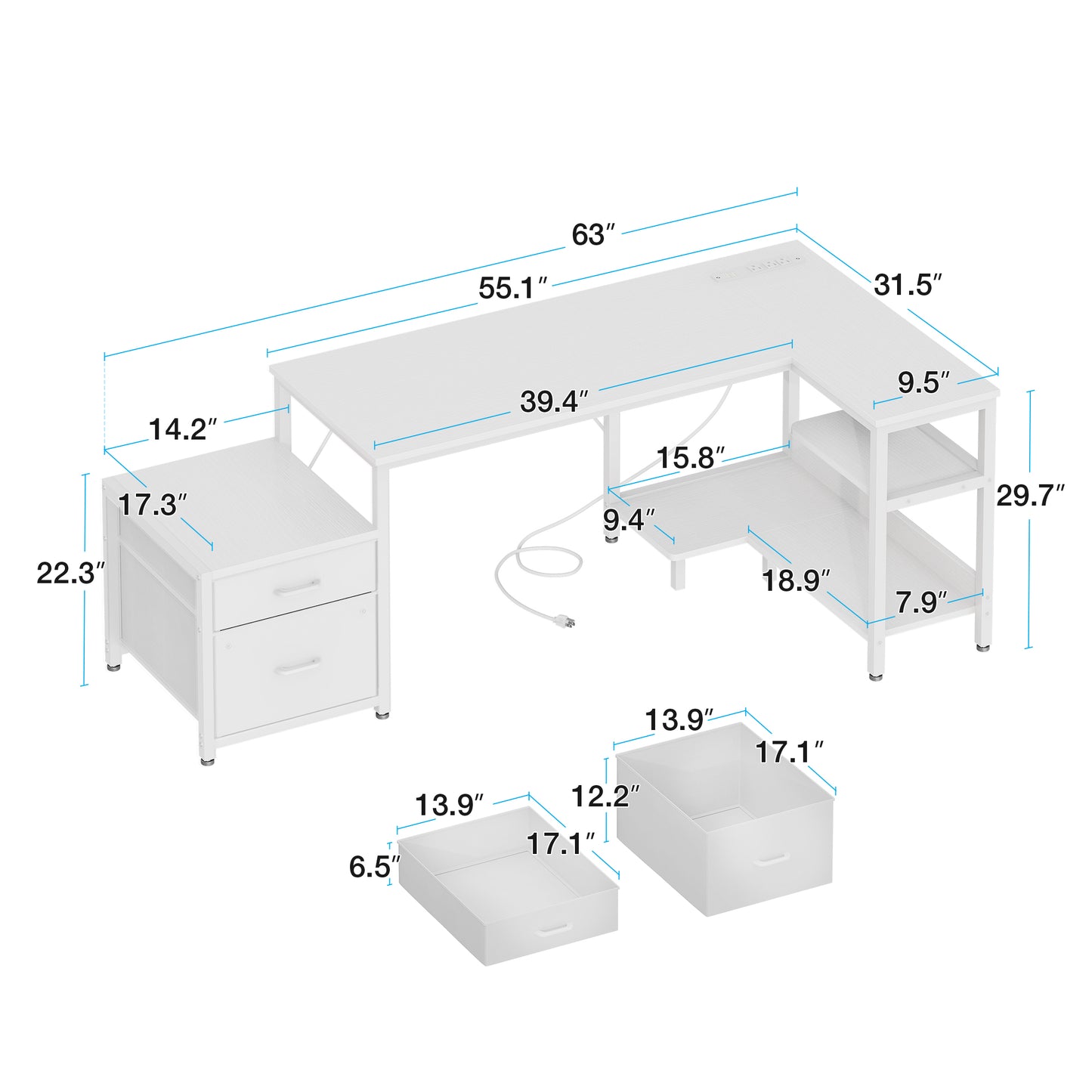 Casacomoda 63 Inch L Shaped Desk with Power Outlets, Large Computer Desk with File Drawer, Home Office Desk with Printer Stand & Storage Shelves, Corner Desk, White