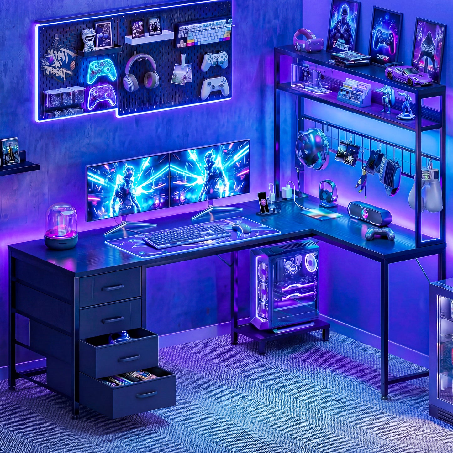 Casacomoda 59" L-Shaped Gaming Desk with 4 Fabric Drawers, LED Lights & Power Outlets, Reversible Corner Computer Desk with Hutch, Shelves & Pegboard for Home Office, Blac