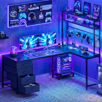 Casacomoda 59" L-Shaped Gaming Desk with 4 Fabric Drawers, LED Lights & Power Outlets, Reversible Corner Computer Desk with Hutch, Shelves & Pegboard for Home Office, Blac