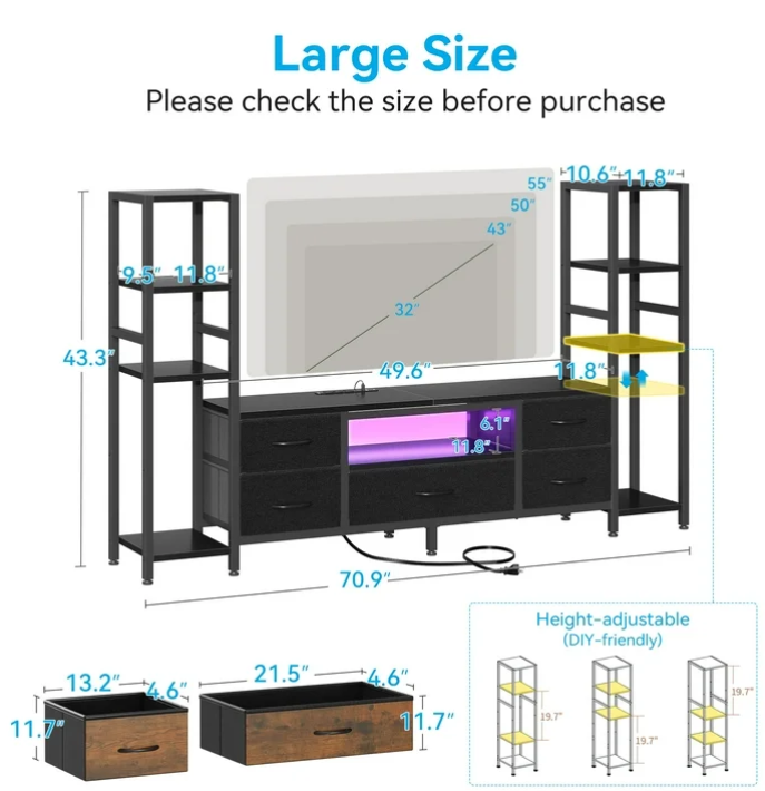 Casacomoda TV Stand for 40–50 " TV, Entertainment Center with LED Lights & Power Outlets, 71" TV Console with 5 Fabric Drawers and Open Shelves for Living Room or Bedroom, Black