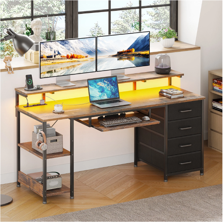 Casacomoda 55 inch Office Desk with Power Outlet and Adjustable Monitor Stand, Computer Desk with Fabric Drawer and Keyboard Tray, Gaming Desk with LED Light & PC Stand, Vintage