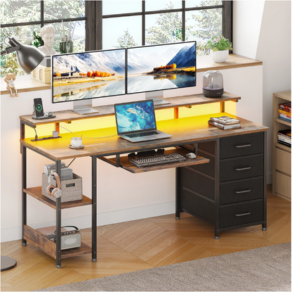 Casacomoda 55 inch Office Desk with Power Outlet and Adjustable Monitor Stand, Computer Desk with Fabric Drawer and Keyboard Tray, Gaming Desk with LED Light & PC Stand, Vintage