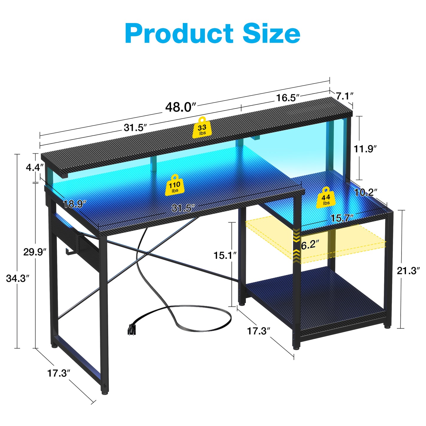 48 Inch Computer Desk with Monitor Stand,Gaming Desk with USB Ports & Power Outlets, Printer Shelf for Home Office, Storage Shelf, Black